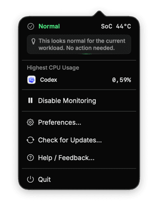 SizzleAir menu bar popover showing Normal thermal status, a practical recommendation, and highest CPU usage.